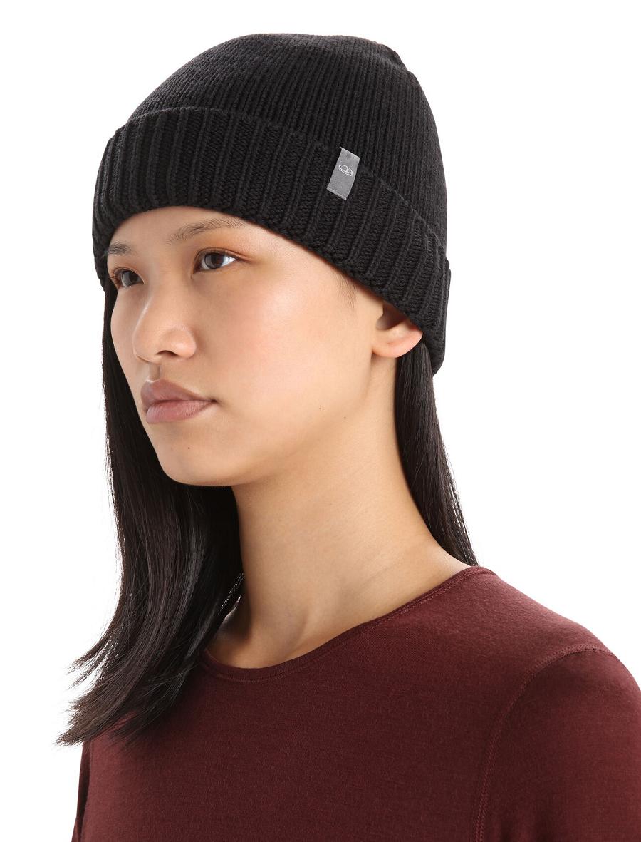 Black Women's Icebreaker Unisex Merino Vela Cuff Beanie Hats | USA 1475VRWD